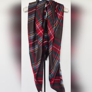Athleta Blanket Scarf, plaid gray, red, green, blue, yellow. 57"×53"